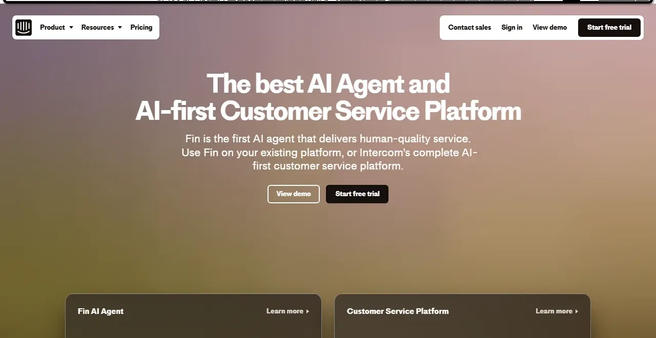 Intercom homepage promoting its Fin AI Agent with demo and free trial buttons