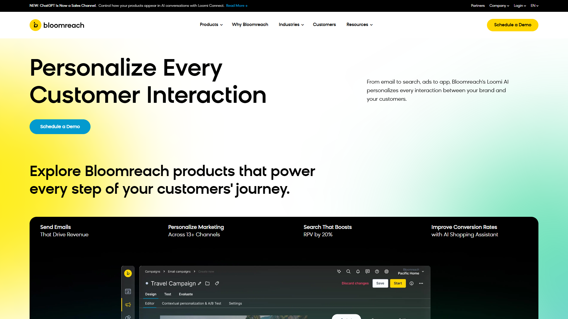 Bloomreach platform showing Loomi AI interface with real-time personalization controls