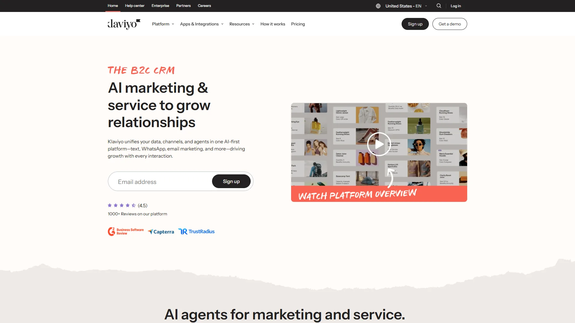 Klaviyo homepage with B2C CRM tagline, email sign-up field, platform overview video, and review badges