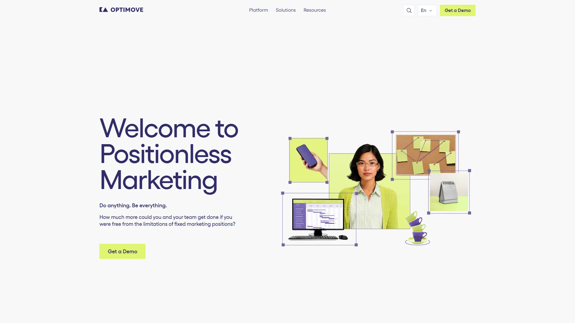 Optimove homepage with Welcome to Positionless Marketing headline and collage of marketer, devices, and sticky notes