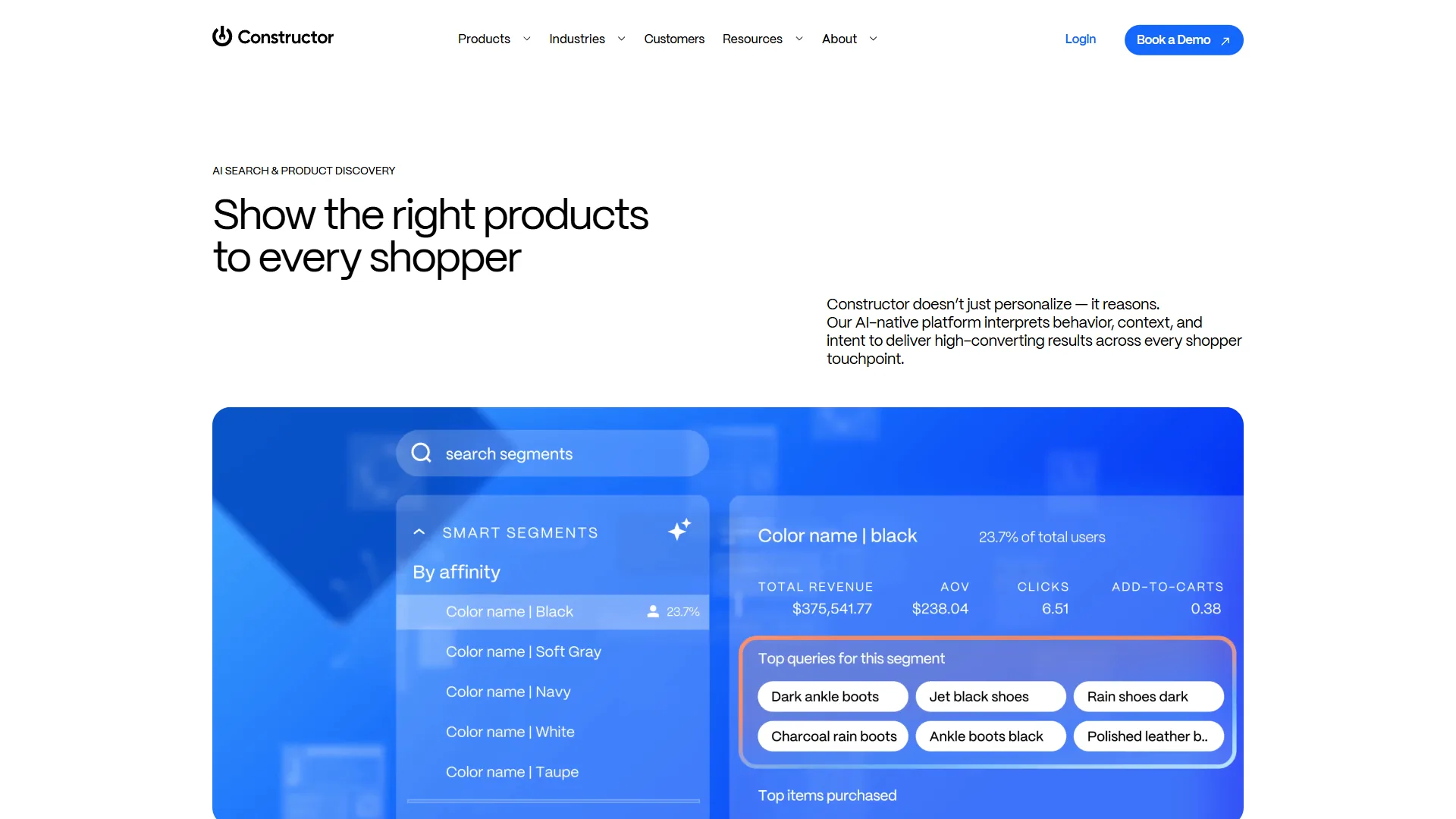 Constructor revenue-optimized search dashboard showing AI-powered product discovery results and conversion analytics