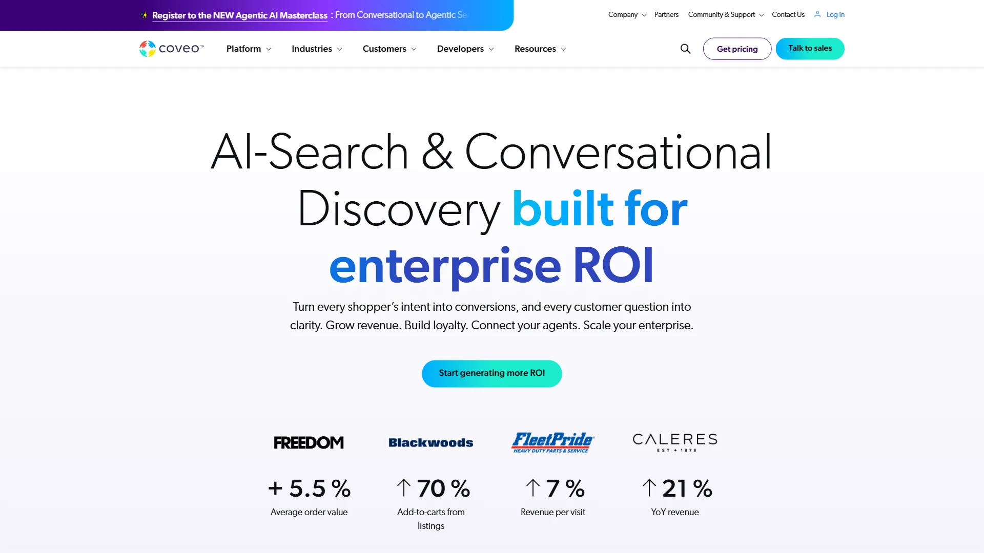 Coveo enterprise search unification platform showing cross-system content connectors and ML-powered ranking results