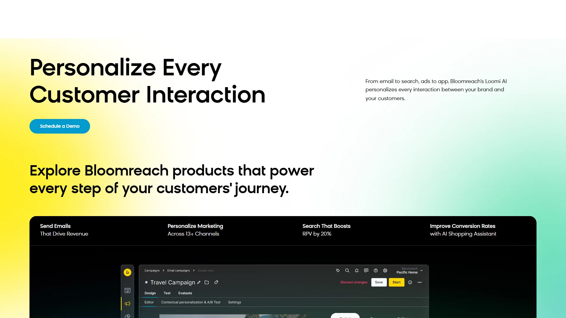 Bloomreach full-stack personalization platform showing Loomi AI-powered search results, product recommendations, and customer journey analytics