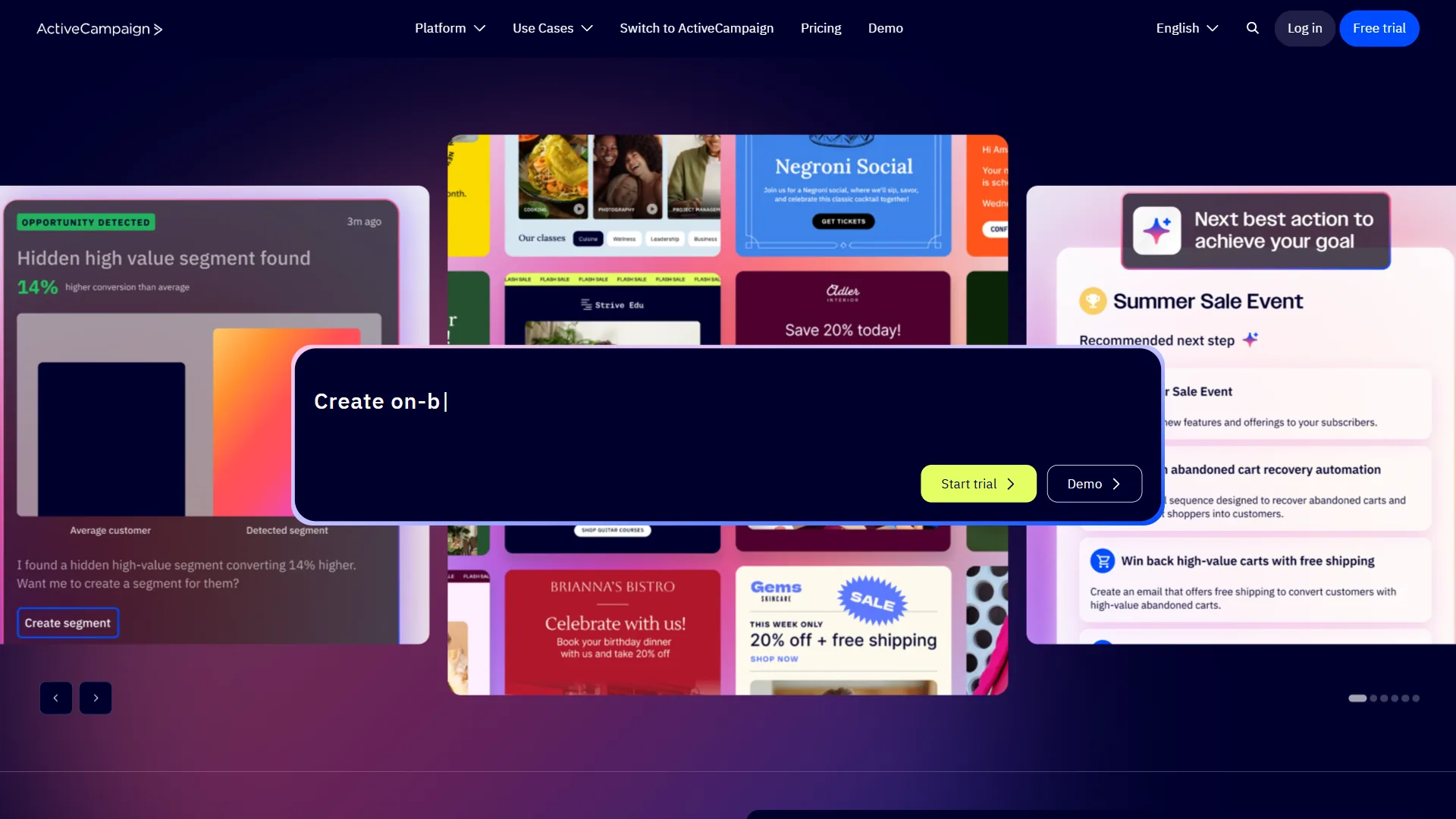 ActiveCampaign homepage with dark purple background, email marketing UI mockups, and AI suggestions