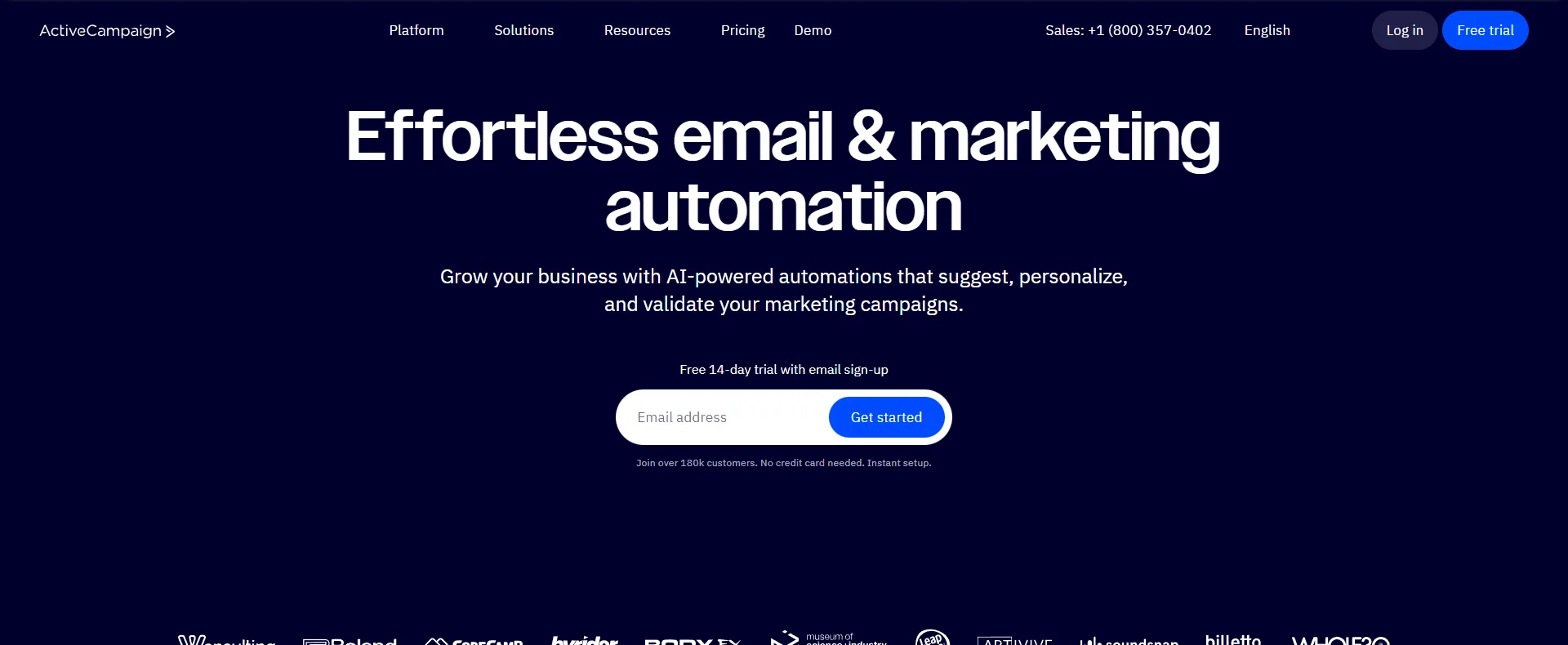 ActiveCampaign homepage with Effortless email and marketing automation headline and free trial signup