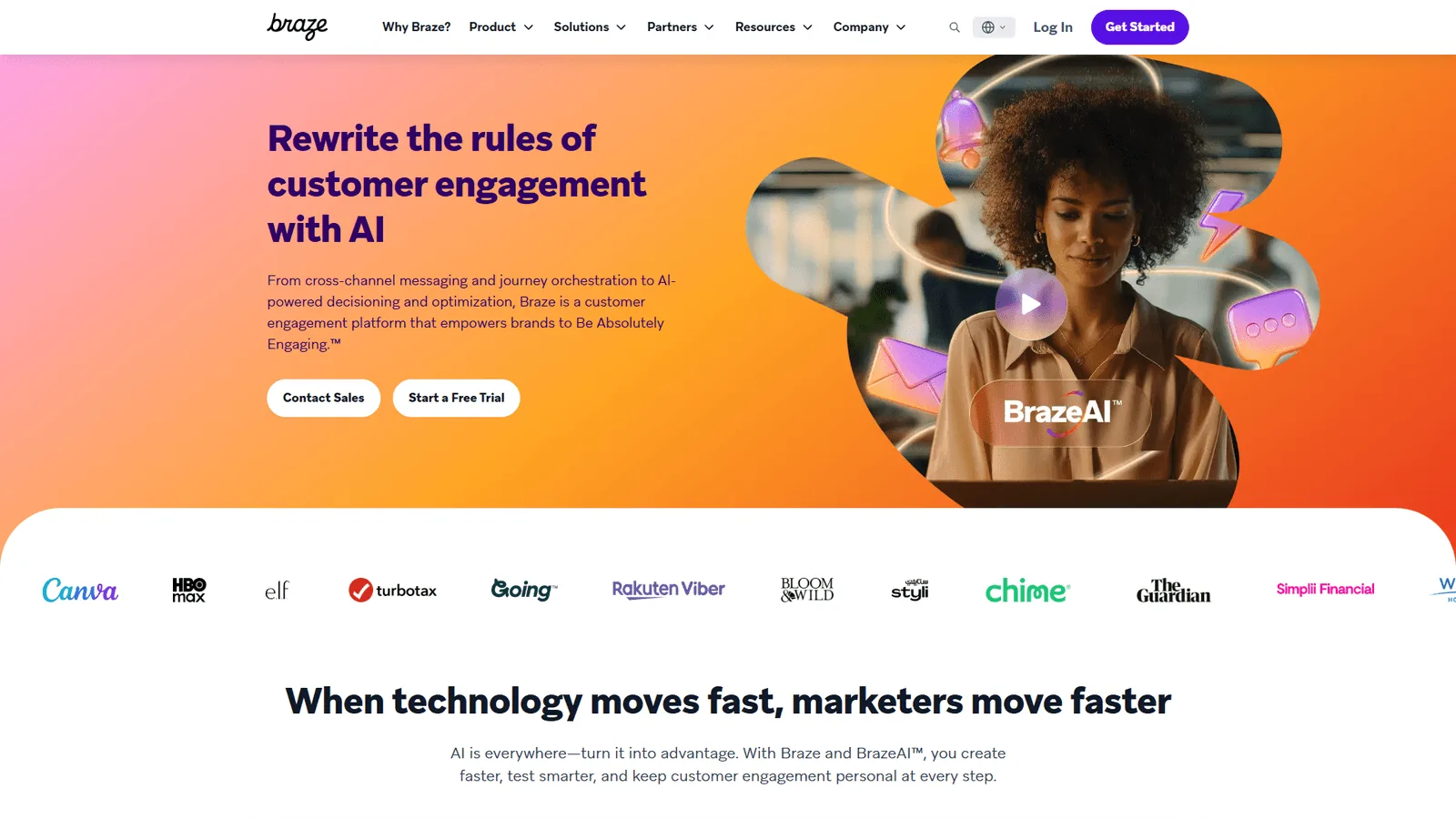 Braze homepage with Rewrite the rules of customer engagement with AI headline and BrazeAI graphic