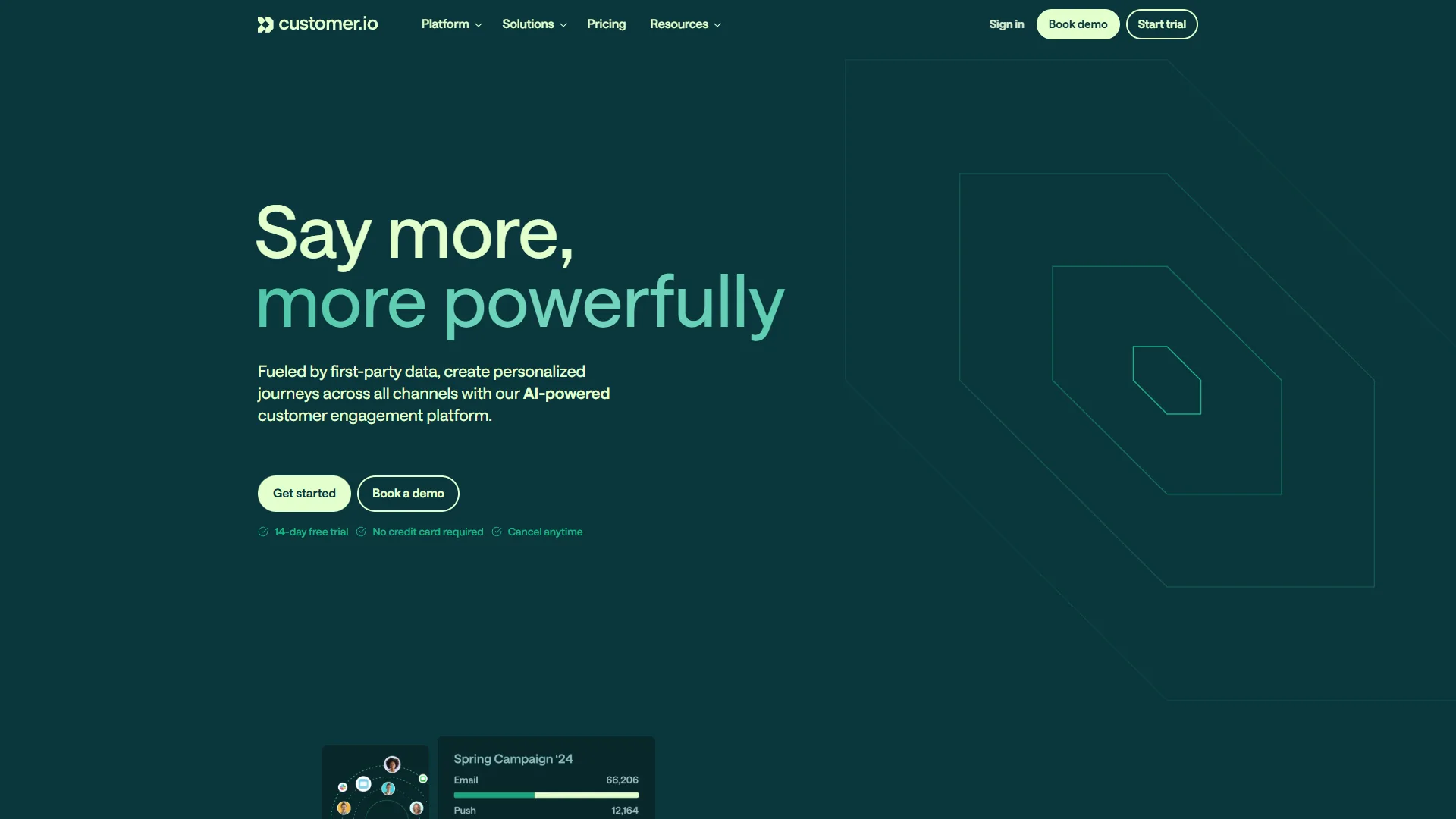 Customer.io homepage with Say more, more powerfully headline and AI-powered messaging platform tagline