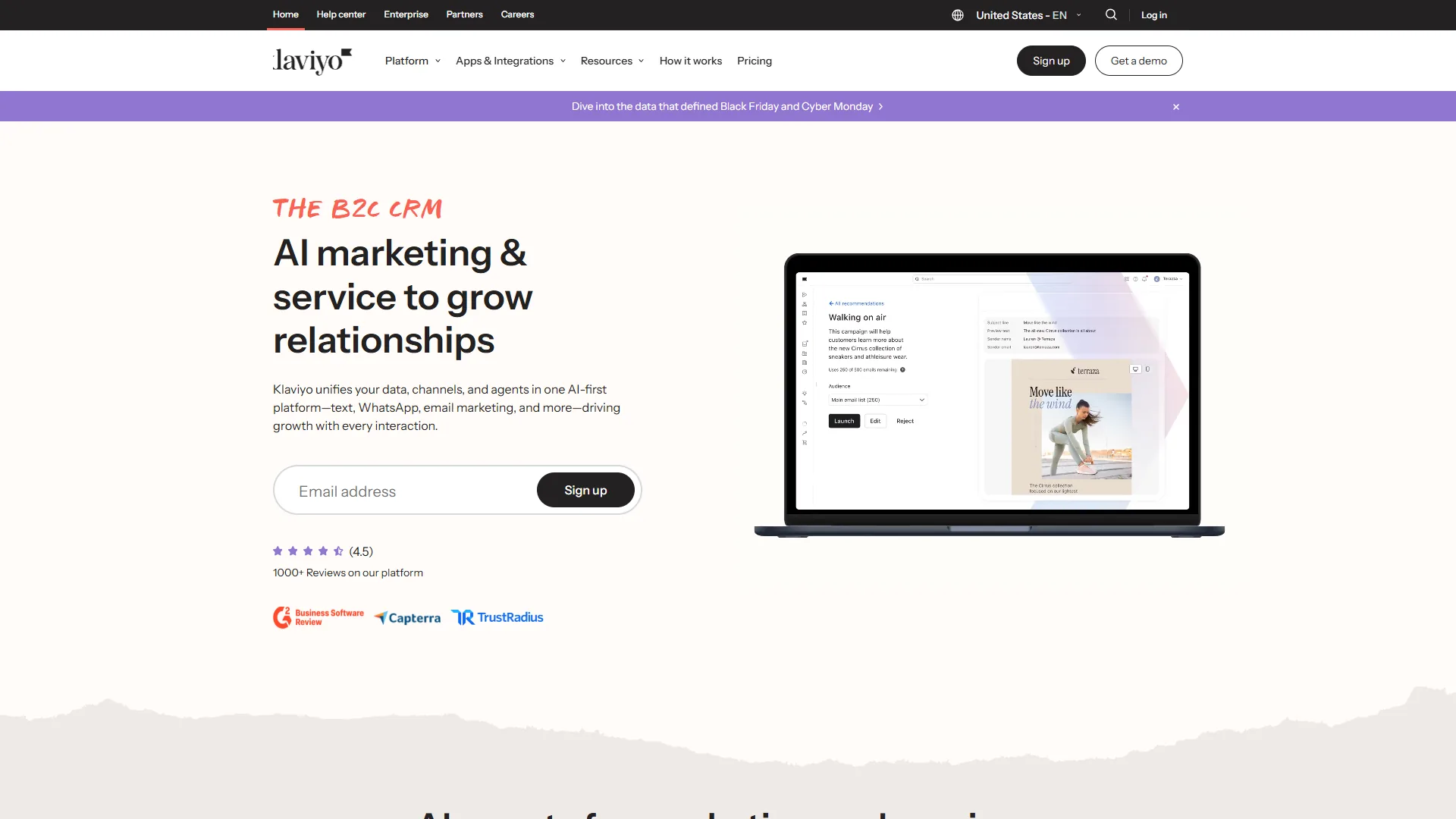 Klaviyo homepage with The B2C CRM headline, email sign-up field, and campaign dashboard preview