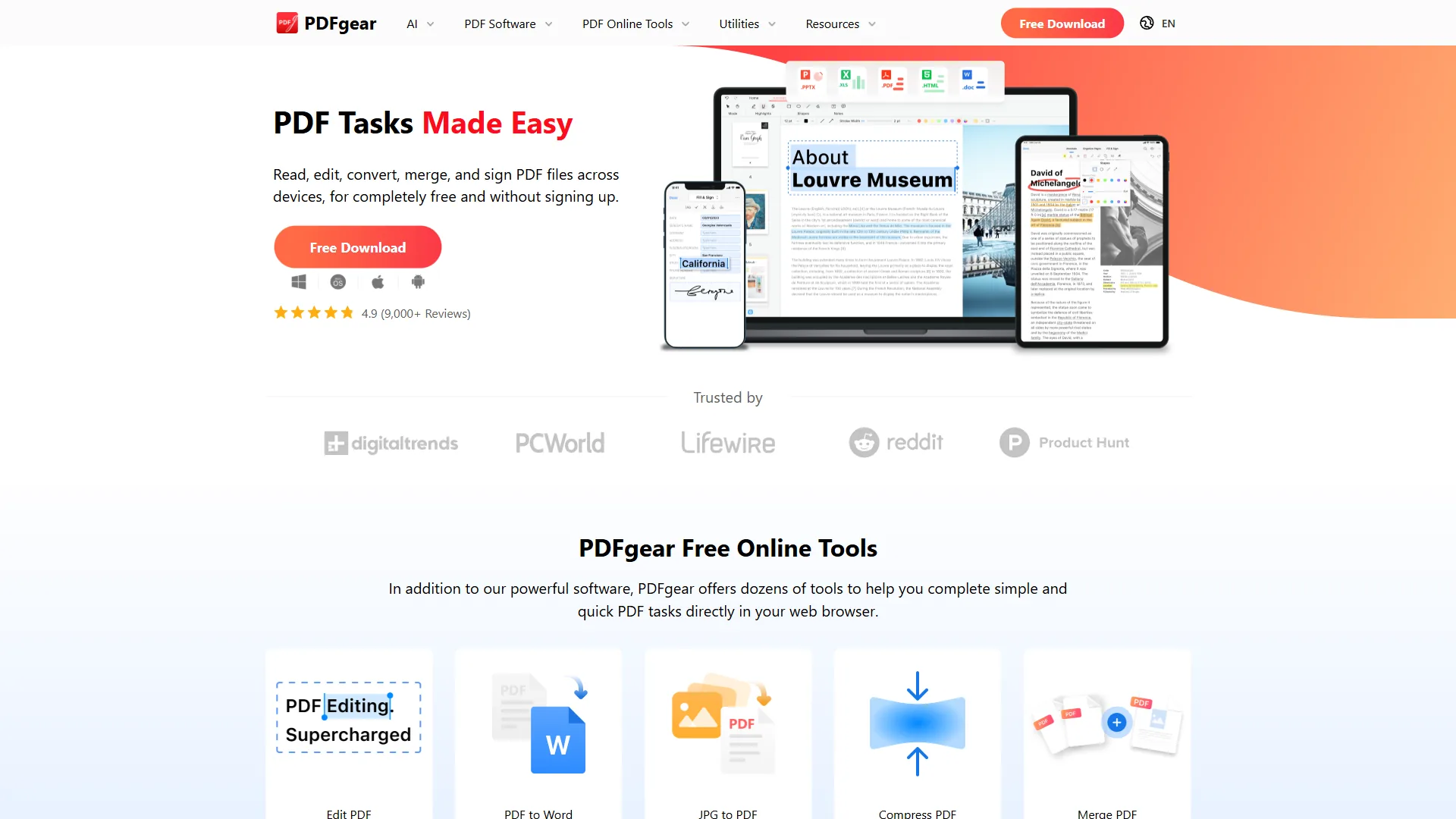 PDFgear free PDF editor homepage showing its feature set