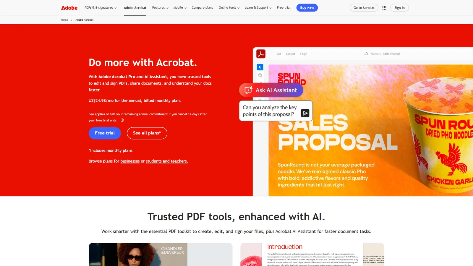 Adobe Acrobat homepage showing Reader and paid editor options
