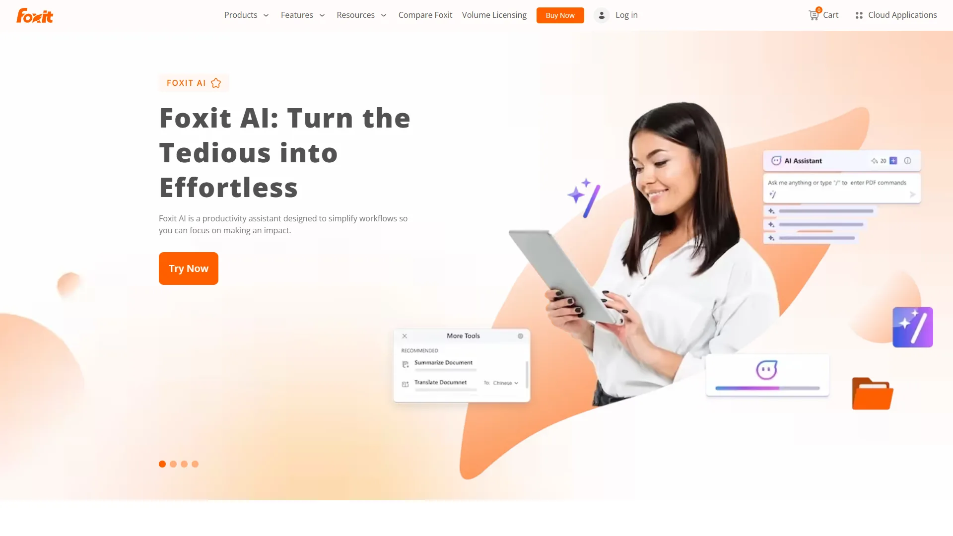 Foxit AI homepage with Turn the Tedious into Effortless headline and AI Assistant panel preview