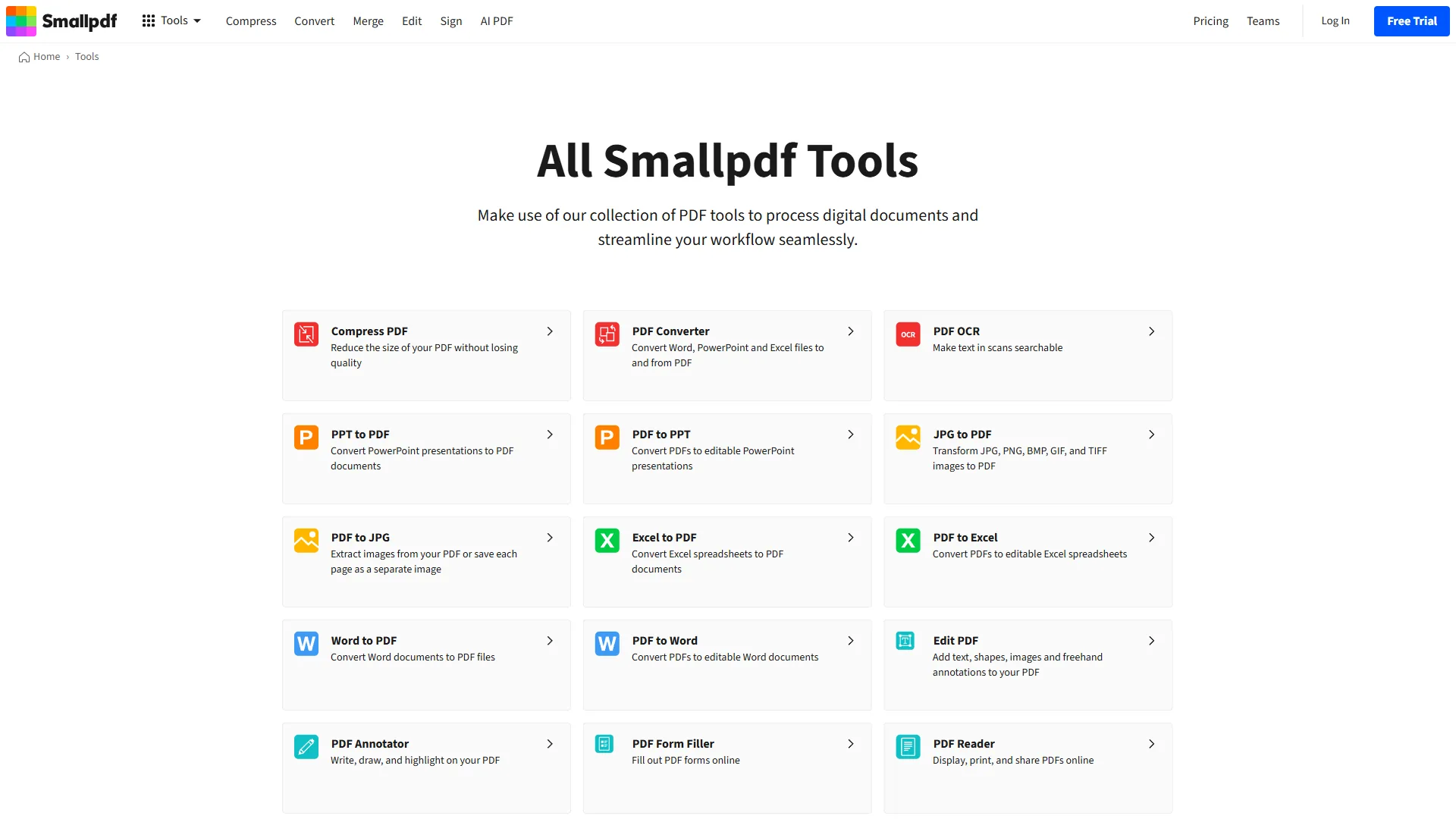All Smallpdf Tools page listing Compress, Convert, OCR, Merge, and 12 more PDF utilities in a grid