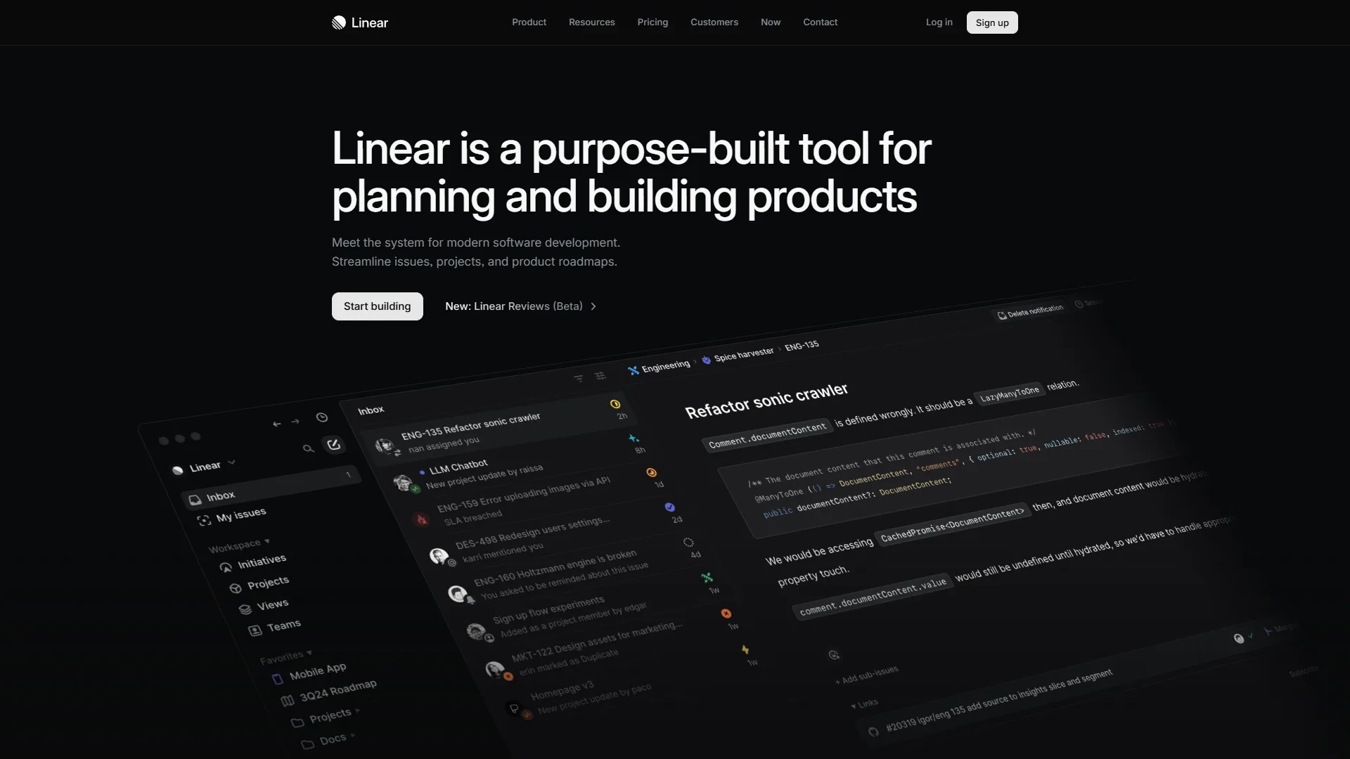 Linear homepage showcasing fast issue tracking and project management designed for software development teams