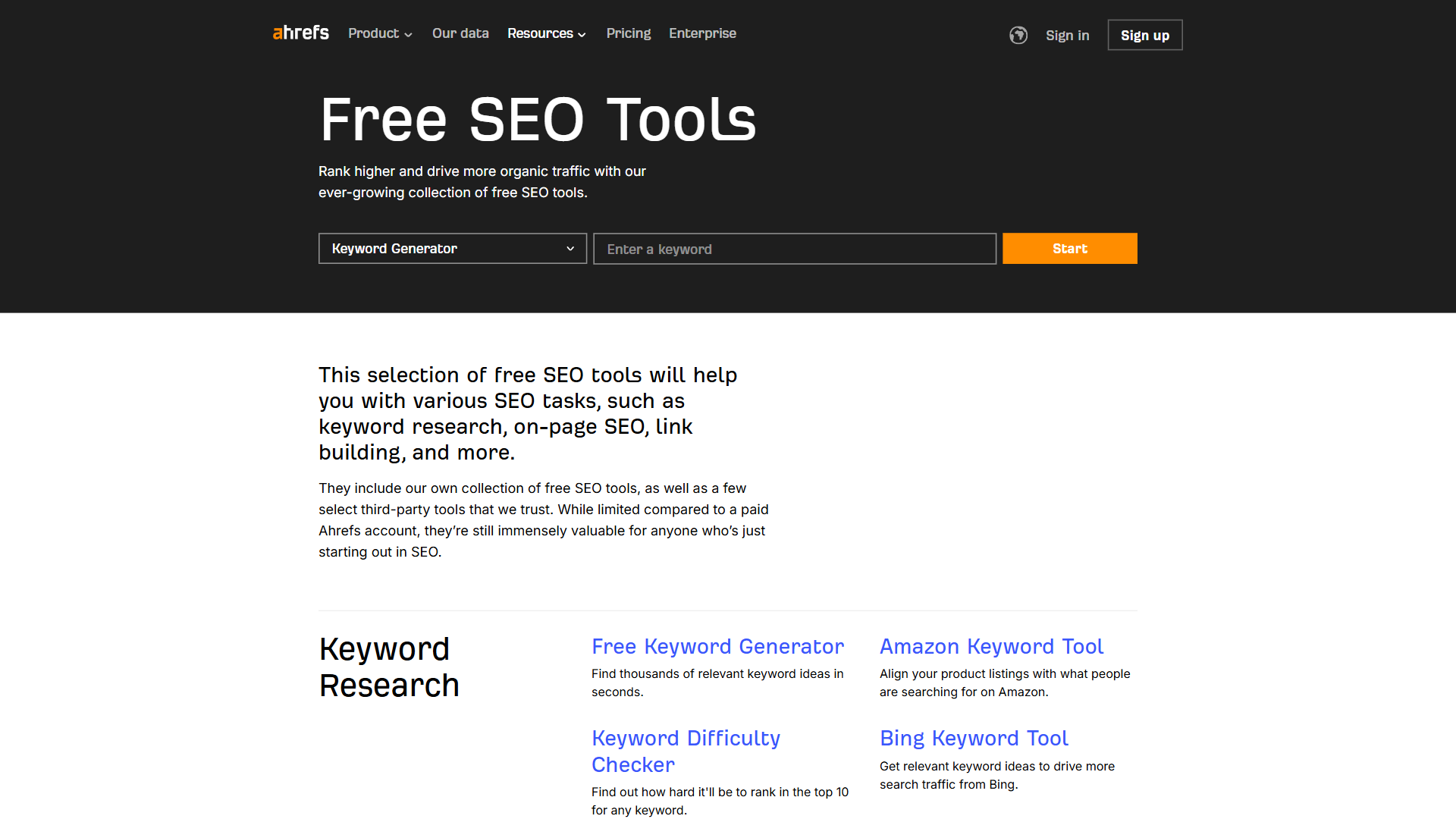 Ahrefs Free SEO Tools page listing Keyword Generator, Keyword Difficulty Checker, and Amazon Keyword Tool