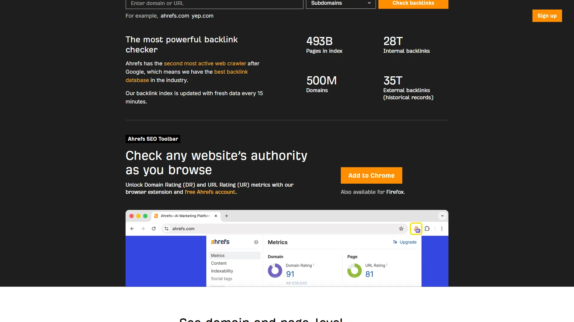 Ahrefs free backlink checker displaying top 100 backlinks, referring domains, and domain rating for a sample website