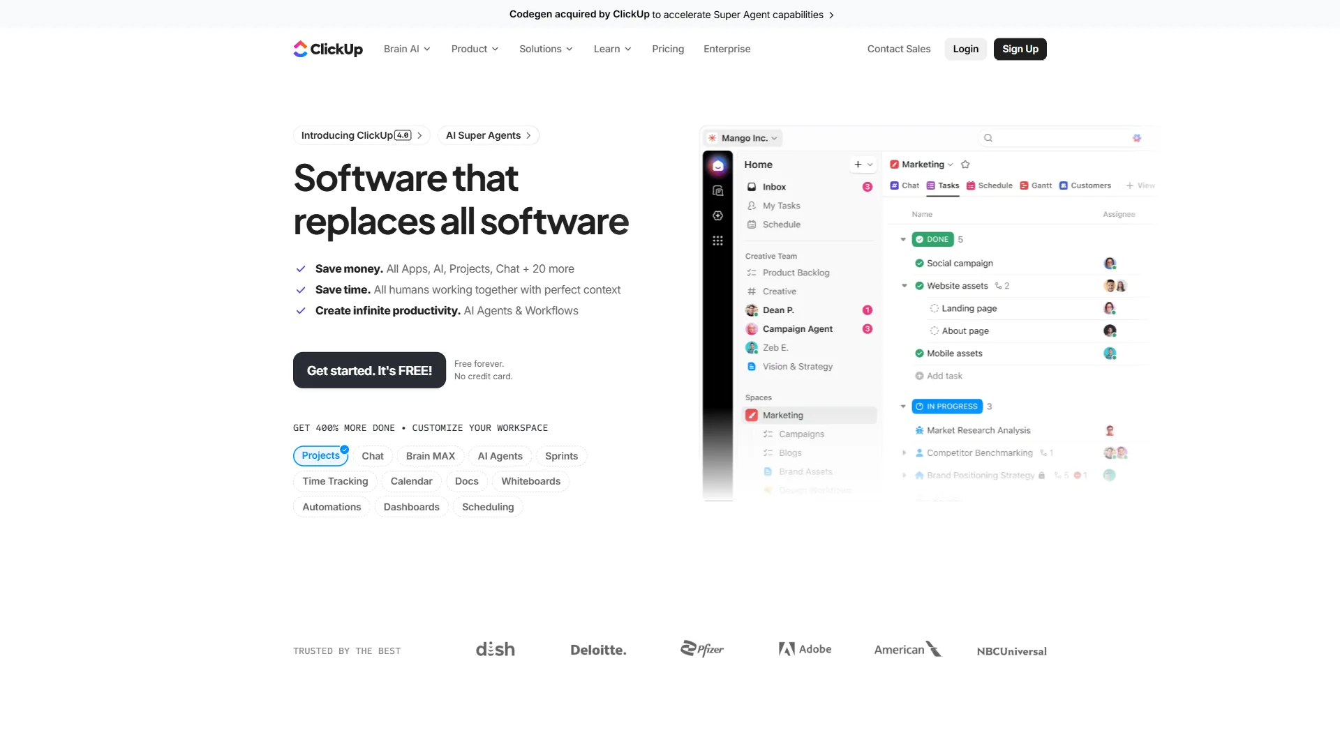 ClickUp homepage showing the all-in-one productivity platform with Kanban views
