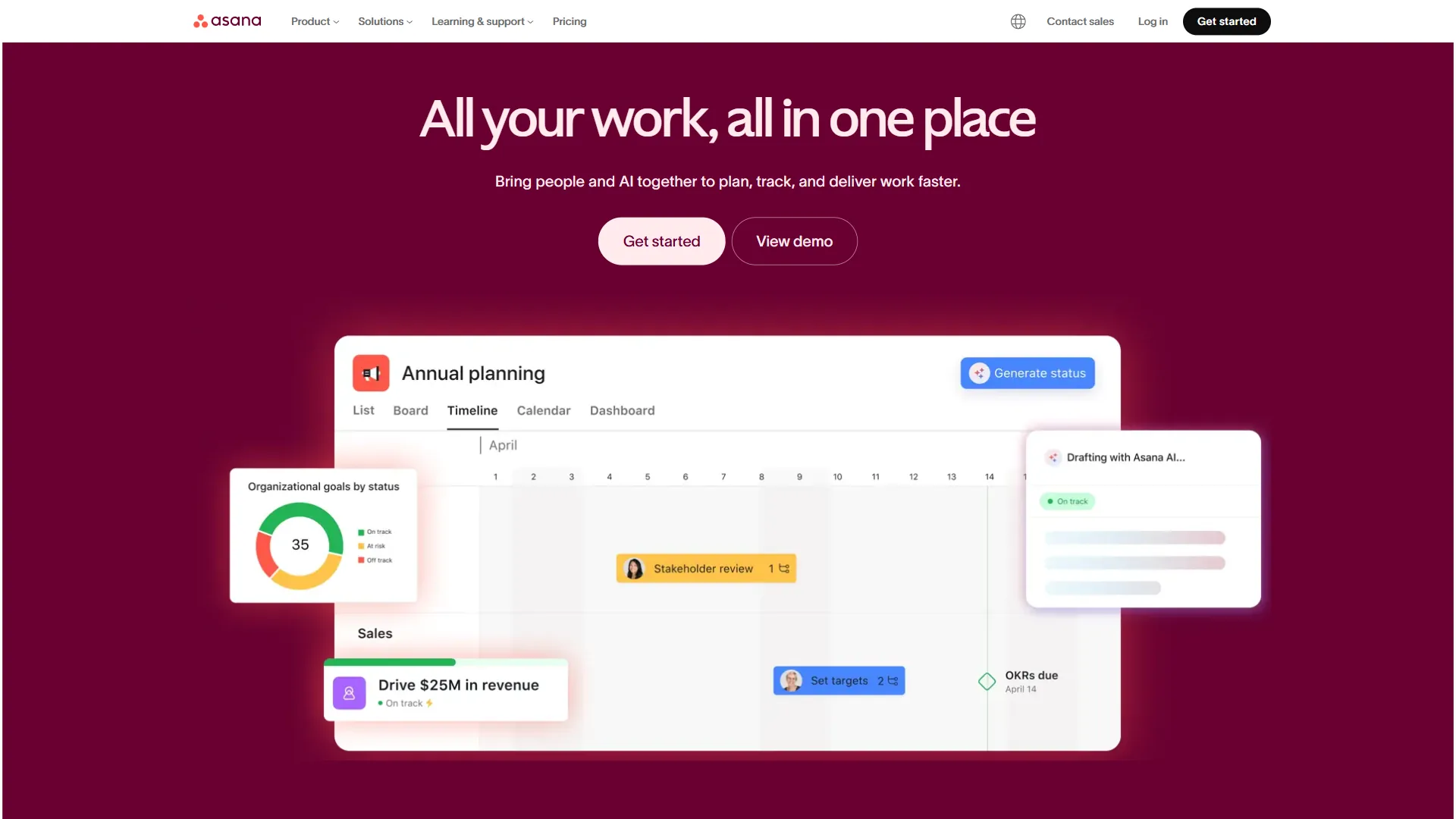 Asana homepage showing timeline and board views for project management