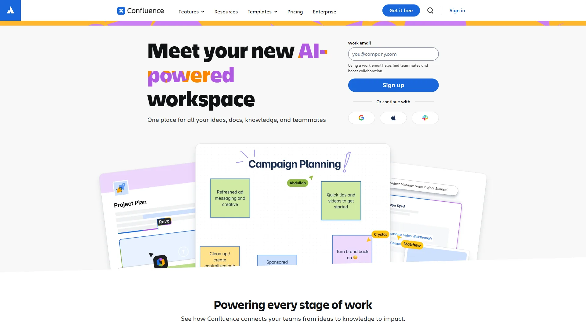 Confluence homepage with AI-powered workspace headline, sign-up form, and campaign planning board