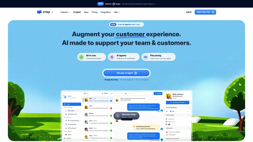 Crisp customer messaging platform with shared inbox and AI agent features