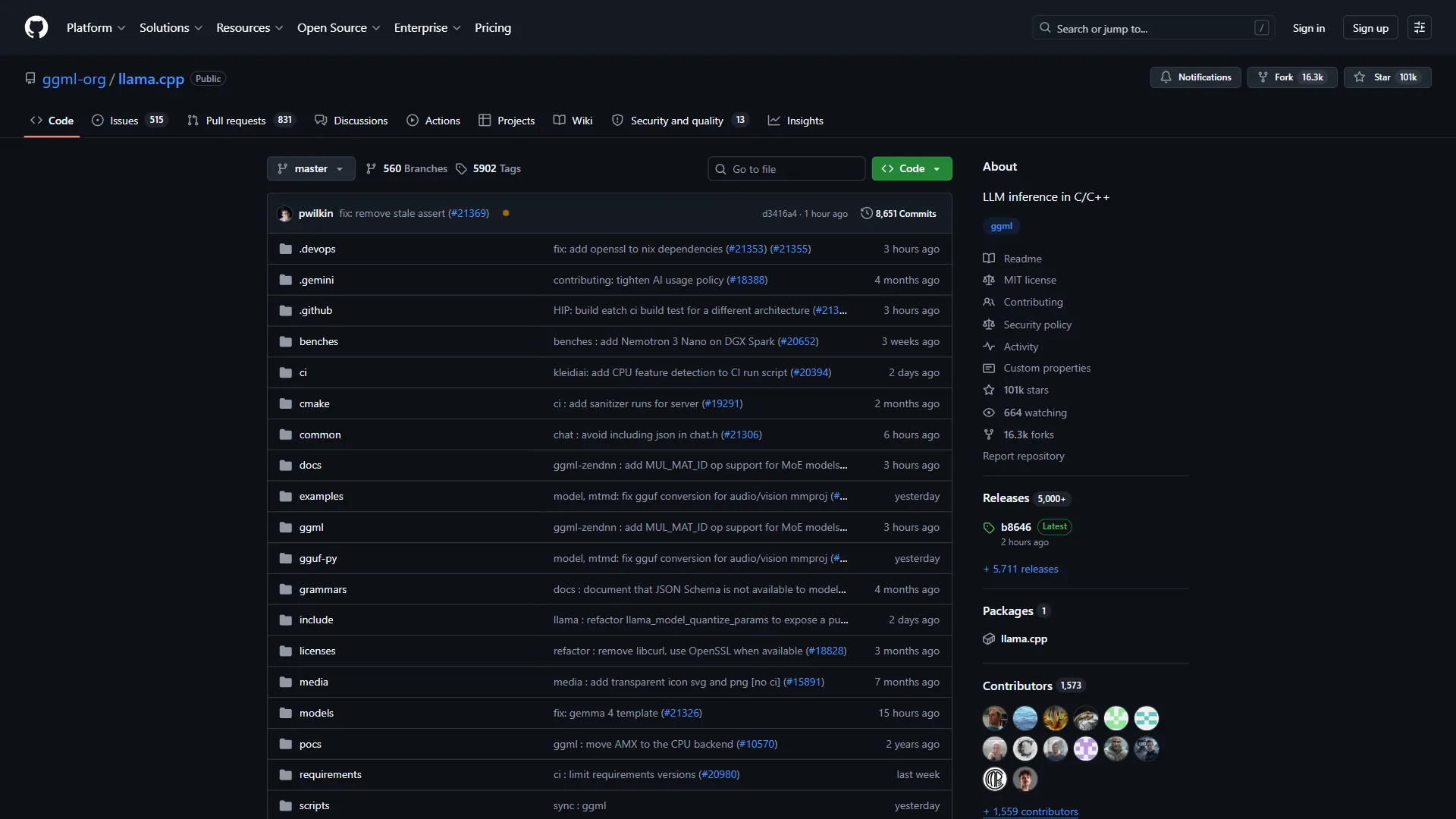 llama.cpp GitHub repository showing project description and recent commits