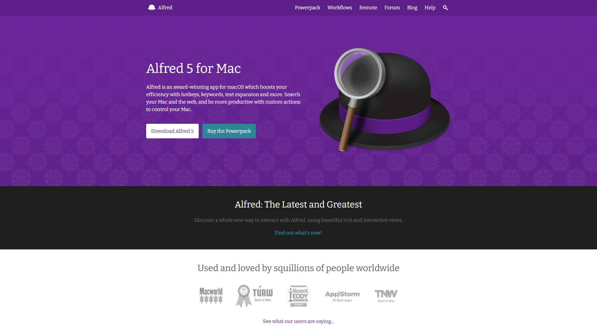 Alfred powerpack showing custom workflows, file search, and productivity automation features