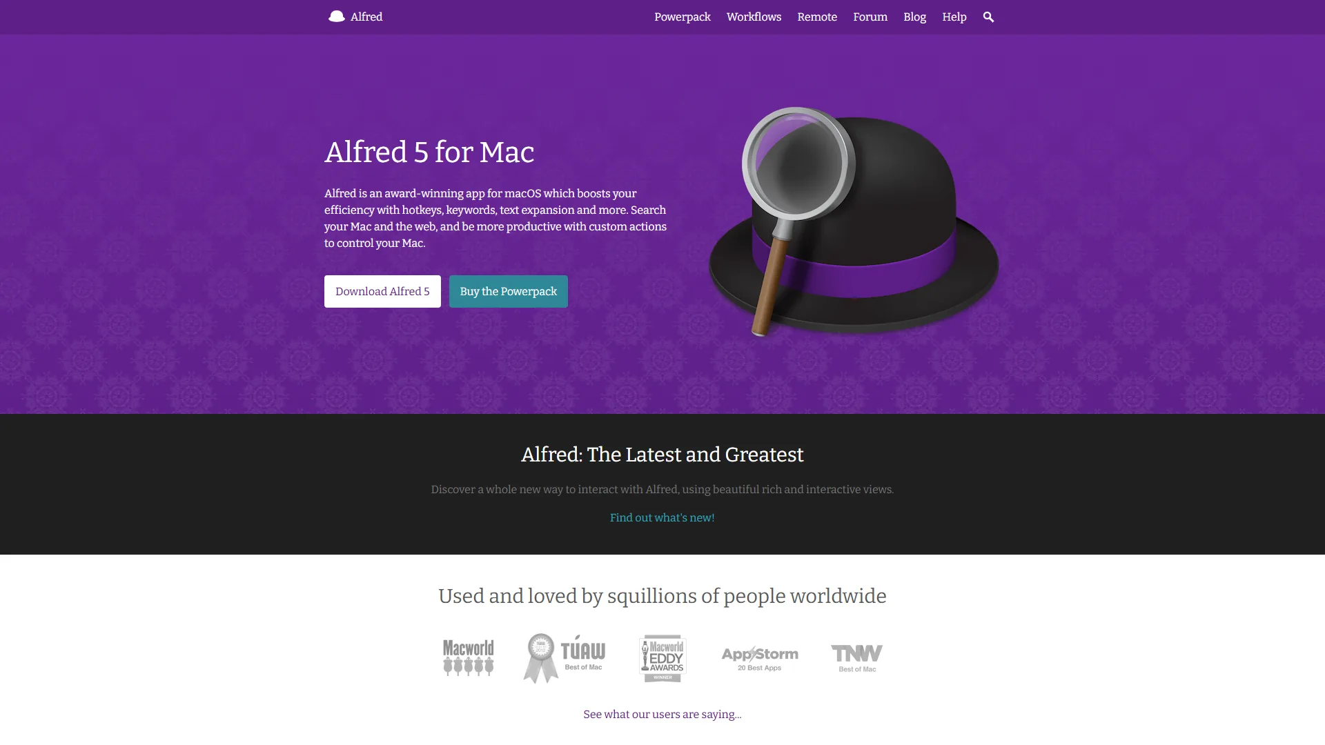 Alfred 5 for Mac homepage with bowler hat logo, download and buy buttons, and press award badges