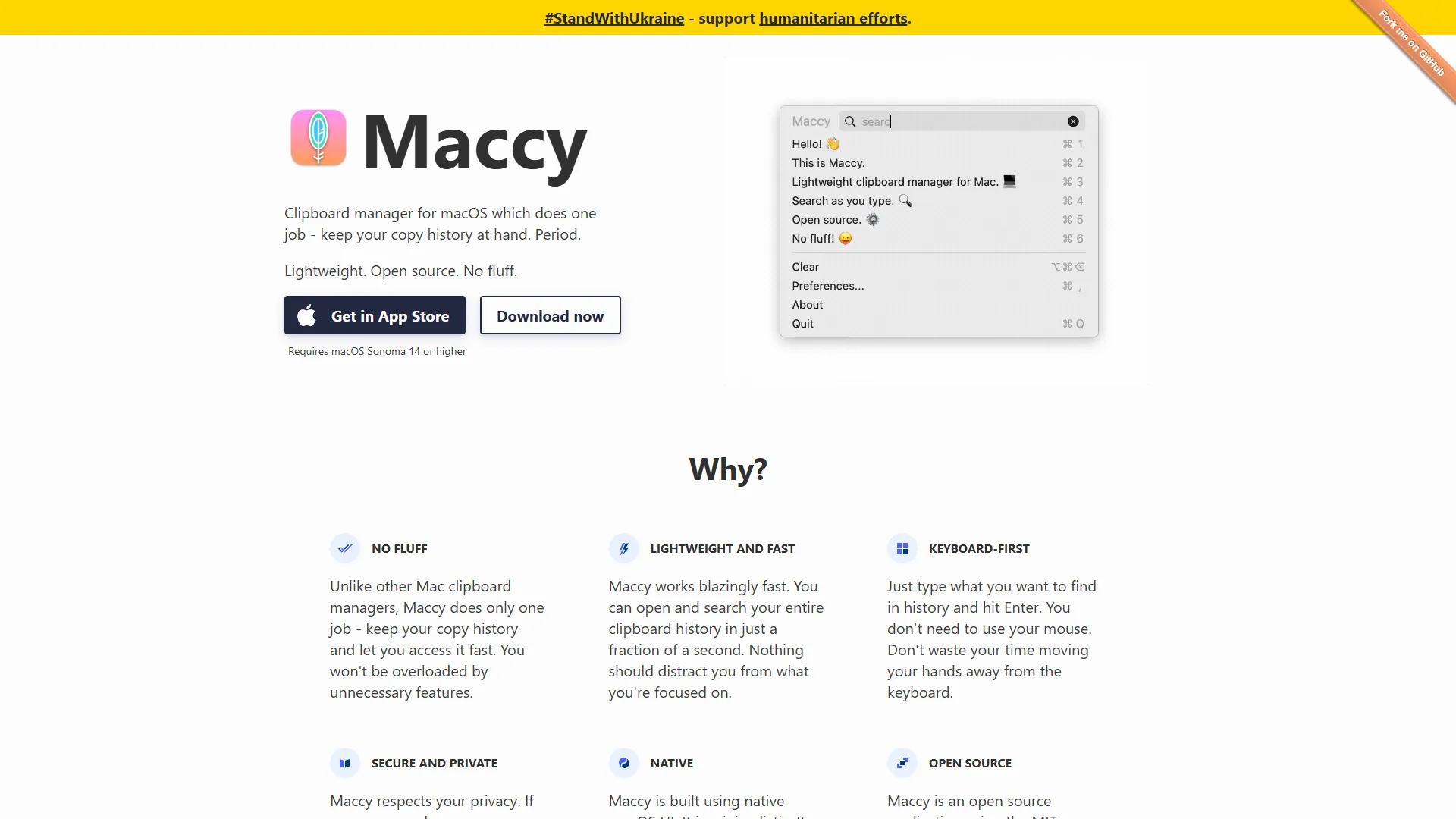 Maccy homepage with clipboard dropdown preview, App Store and download buttons, and feature highlights