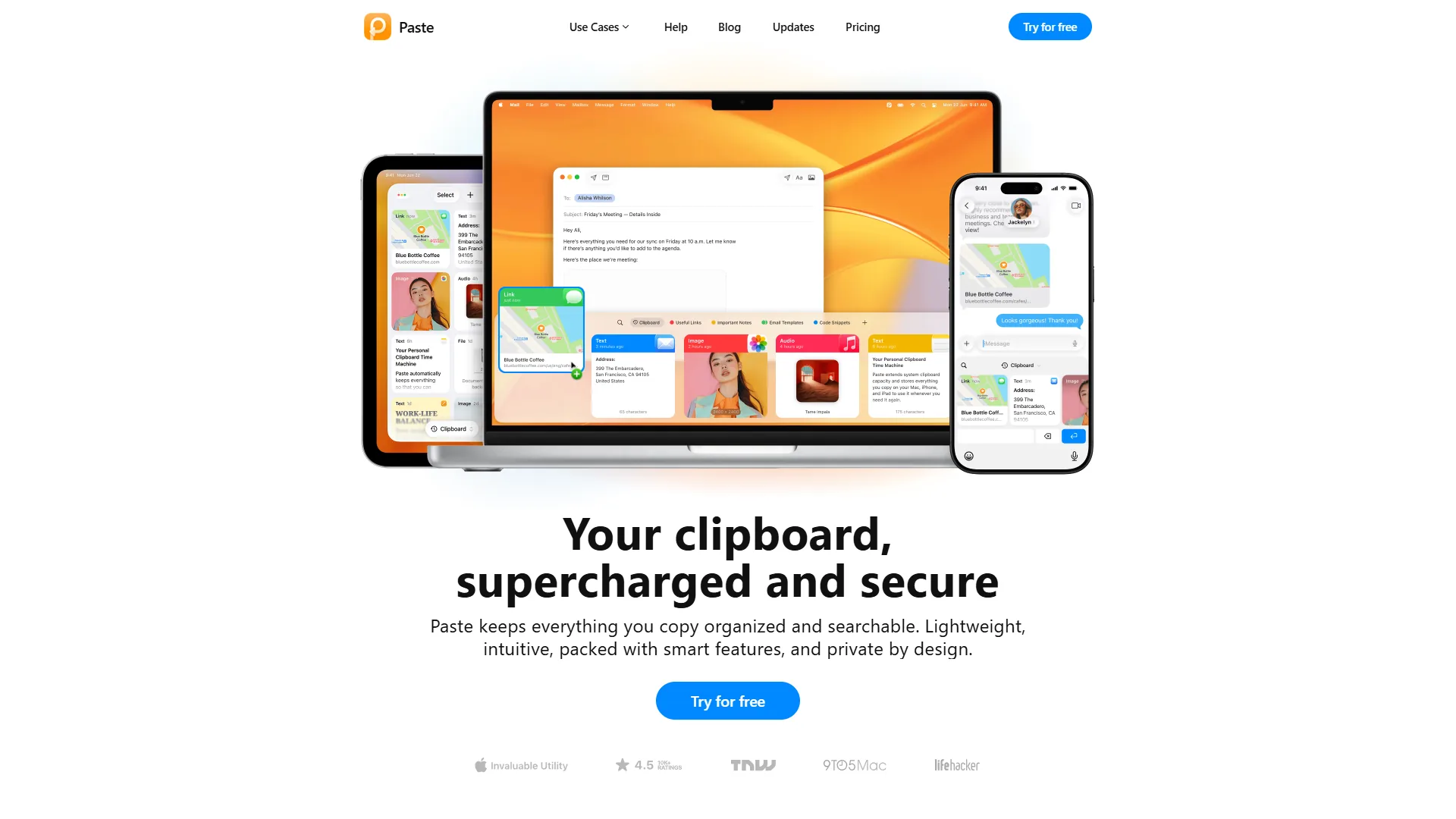 Paste homepage showing clipboard app on MacBook, iPad, and iPhone with colorful card previews