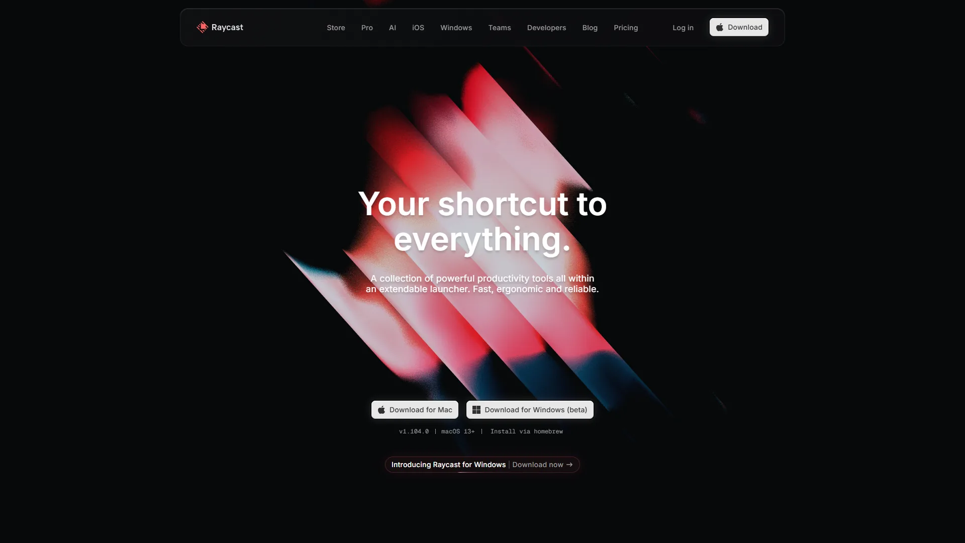 Raycast homepage with Your shortcut to everything headline and download buttons for Mac and Windows