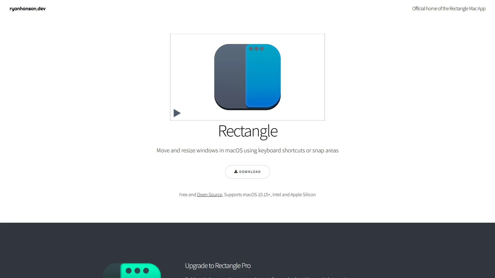 Rectangle app homepage with split-window icon, download button, and free open-source label