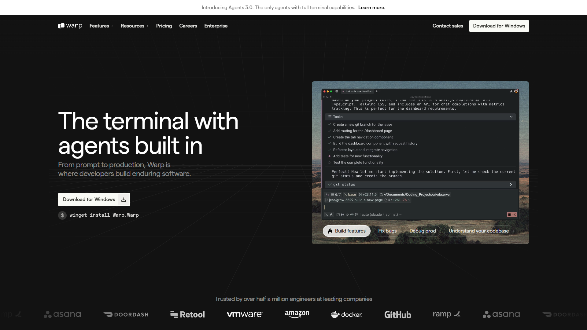 Warp terminal showing AI command generation and modern interface