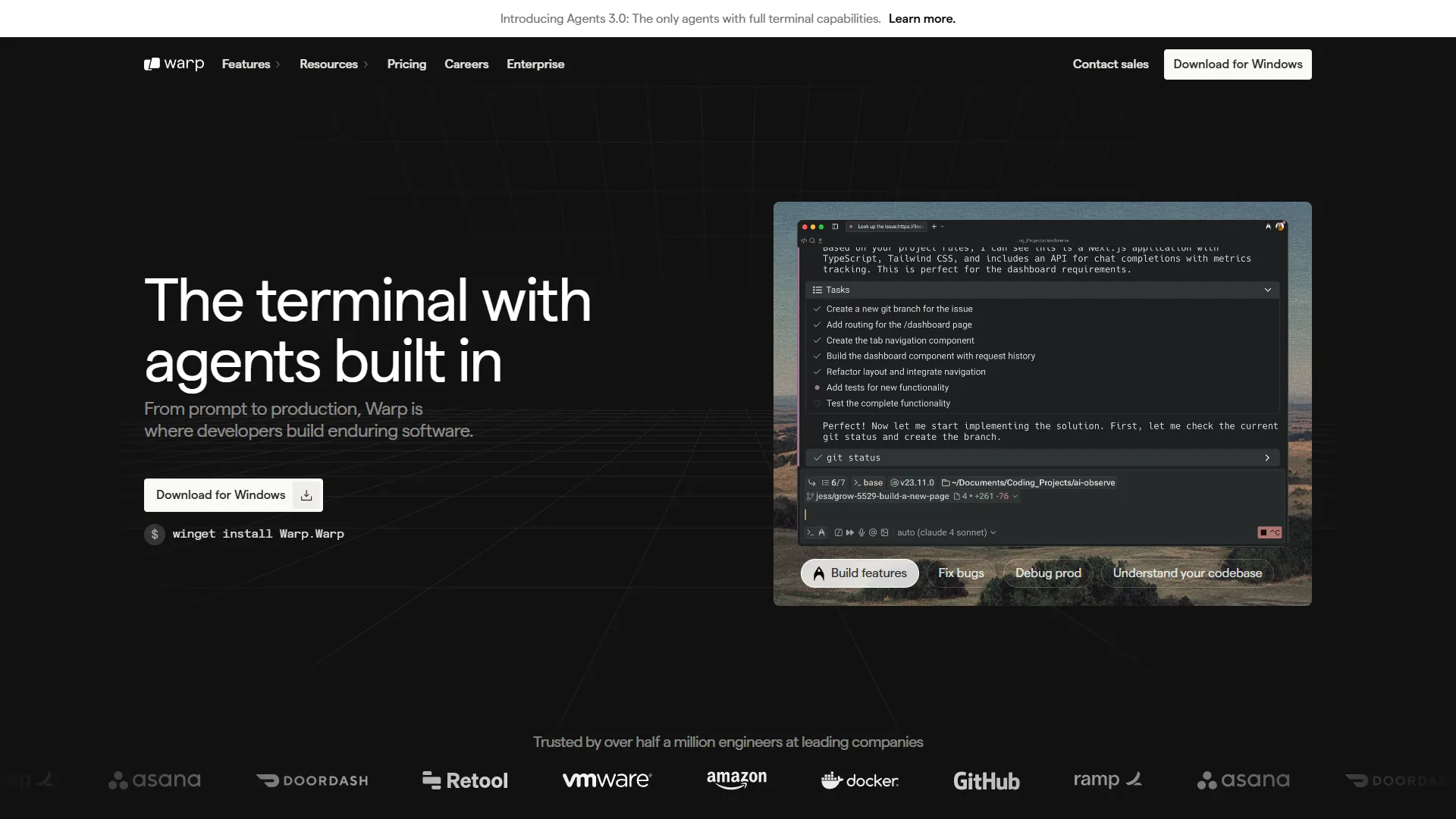 Warp terminal showing AI command generation and modern interface