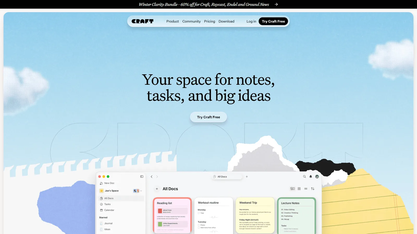 Craft homepage showing Your space for notes, tasks, and big ideas headline with doc previews below