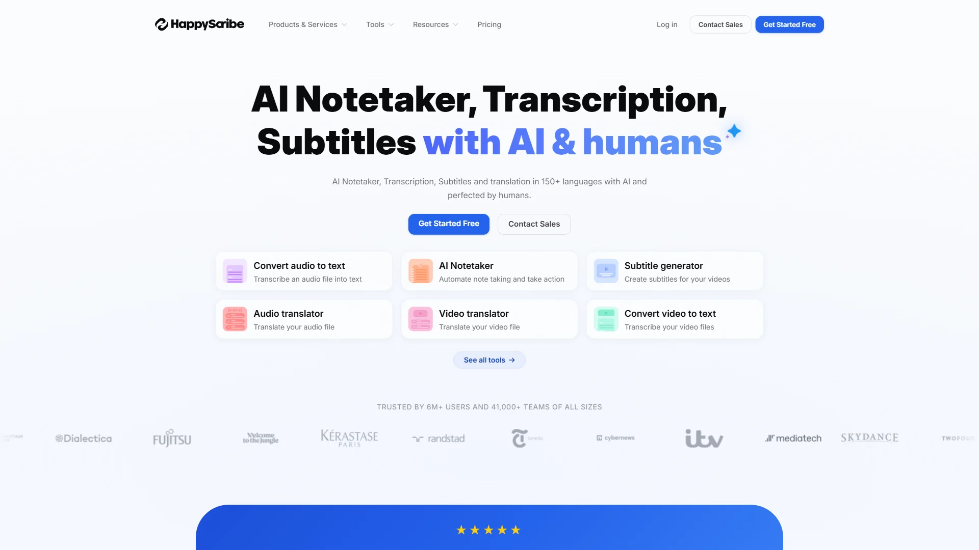 HappyScribe homepage with AI Notetaker, Transcription, Subtitles with AI and humans headline, feature cards for audio to text, video translator, and subtitle generator
