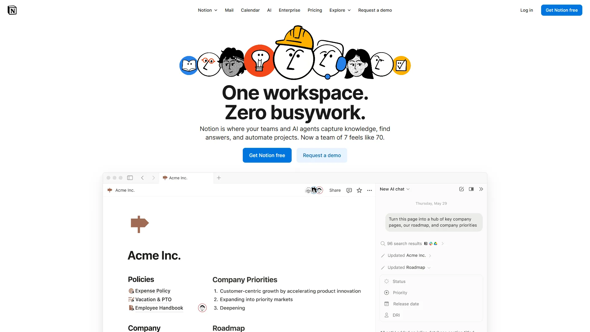 Notion homepage with One workspace Zero busywork headline and Acme Inc. demo workspace below