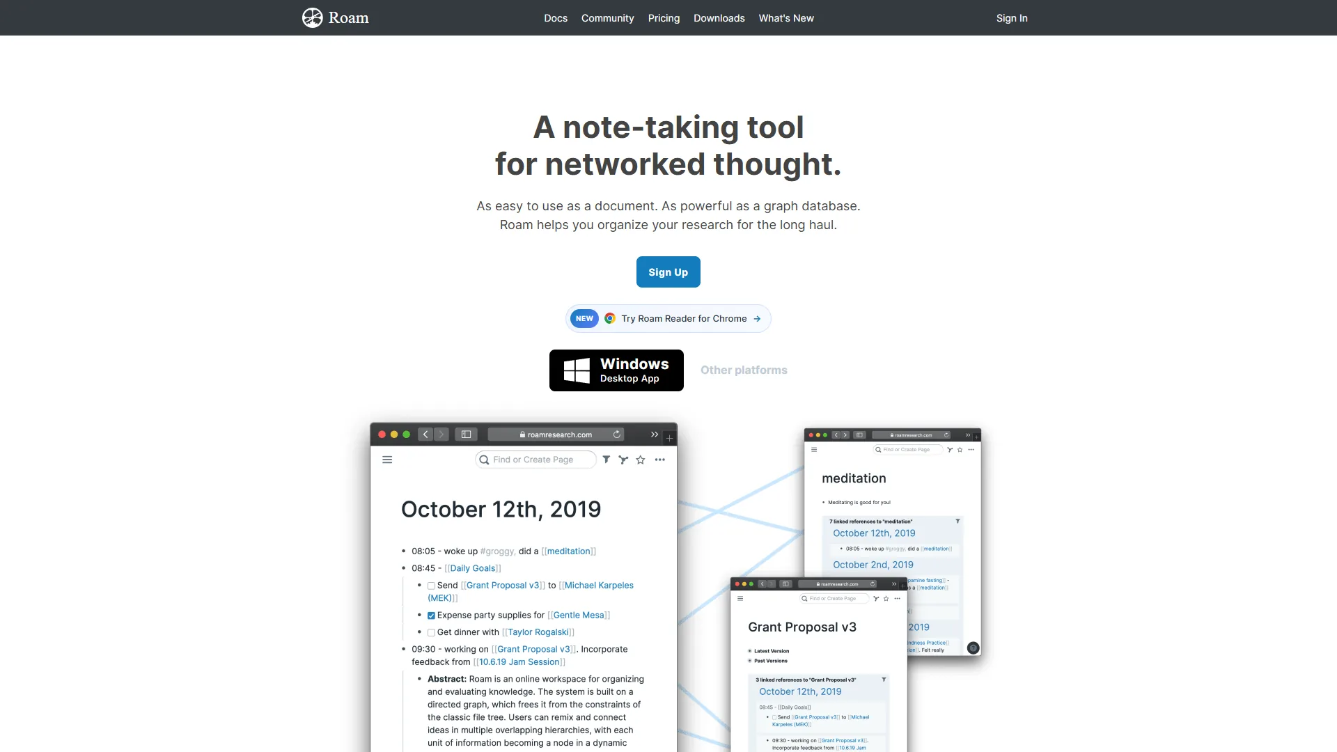 Roam Research homepage with A note-taking tool for networked thought tagline and daily notes demo