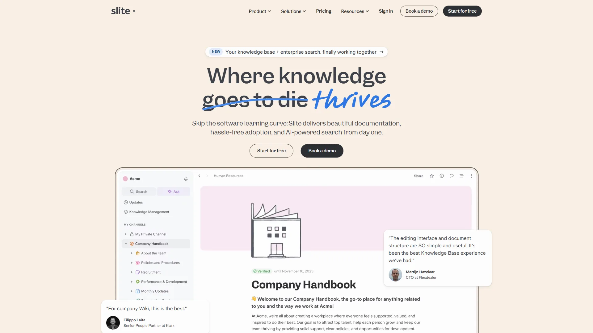 Slite team knowledge base with AI-powered search and document verification