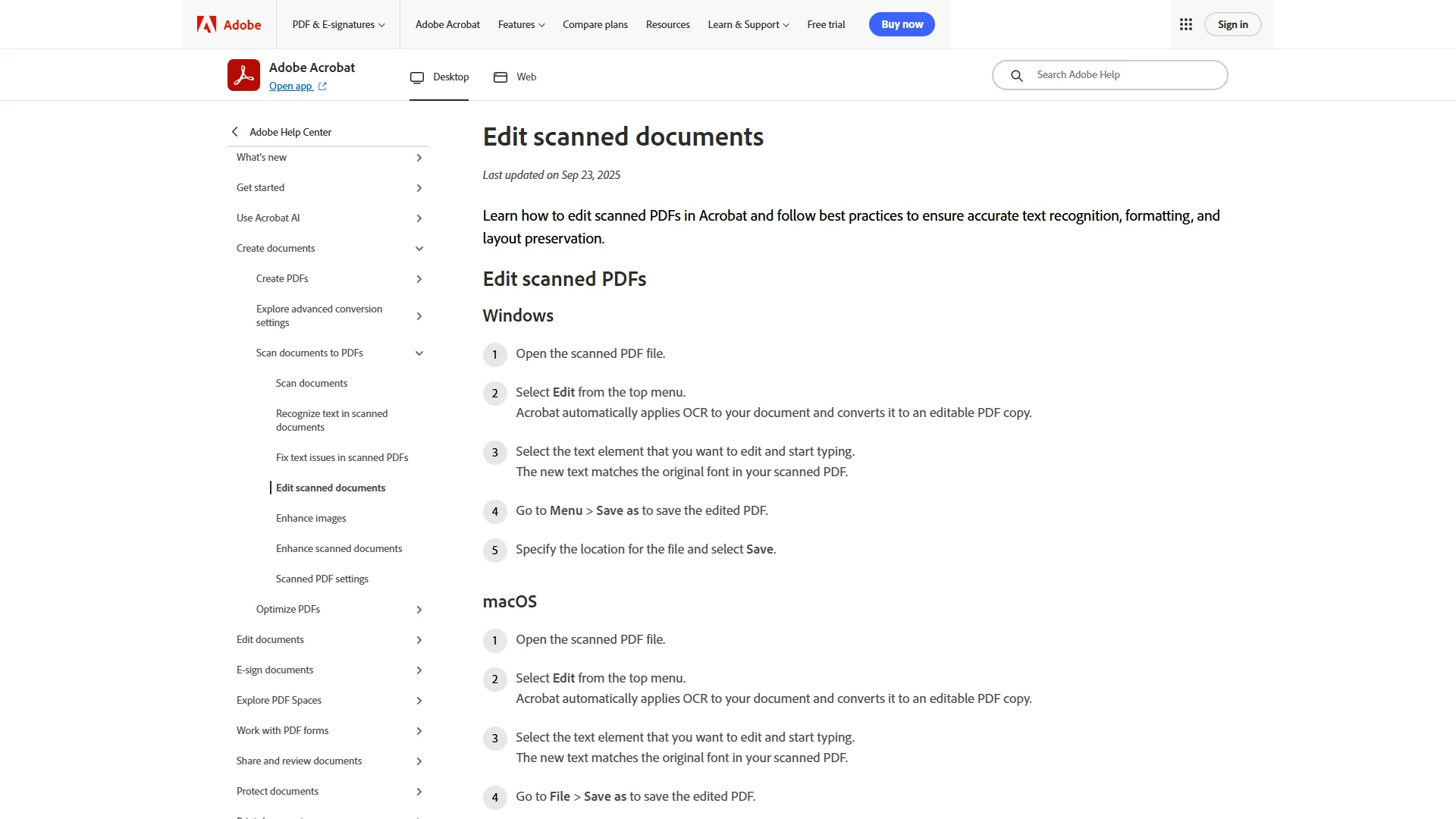 Adobe Acrobat Help Center page with step-by-step instructions for editing scanned documents