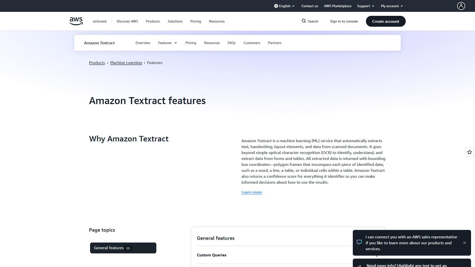 AWS Textract console showing document analysis results