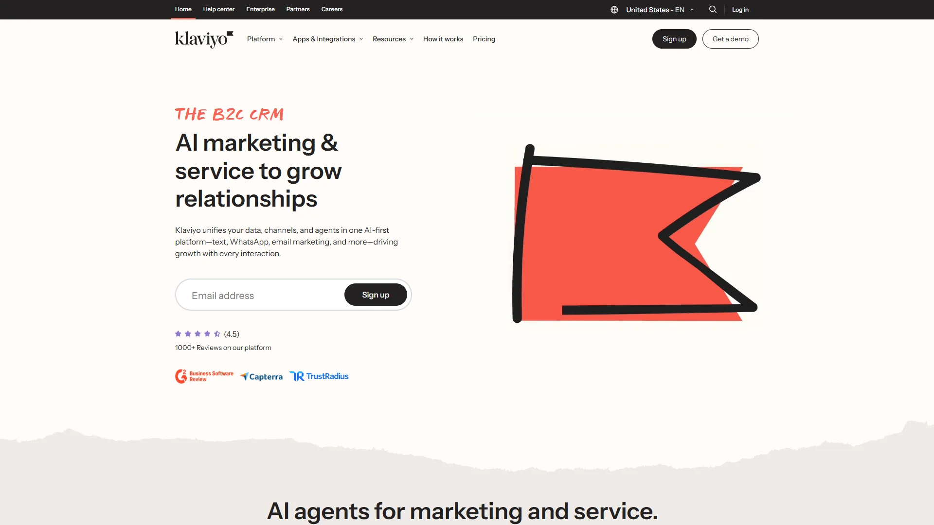 Klaviyo email and SMS marketing platform homepage for ecommerce brands