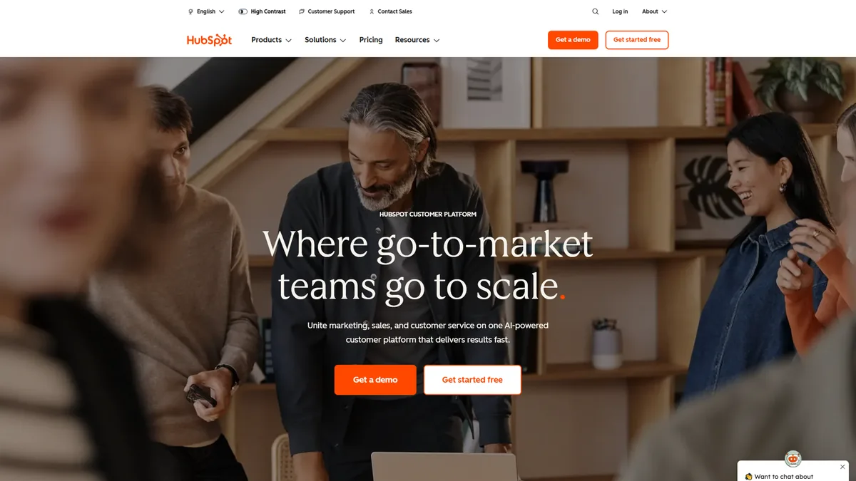 HubSpot CRM and marketing platform homepage featuring Breeze AI capabilities