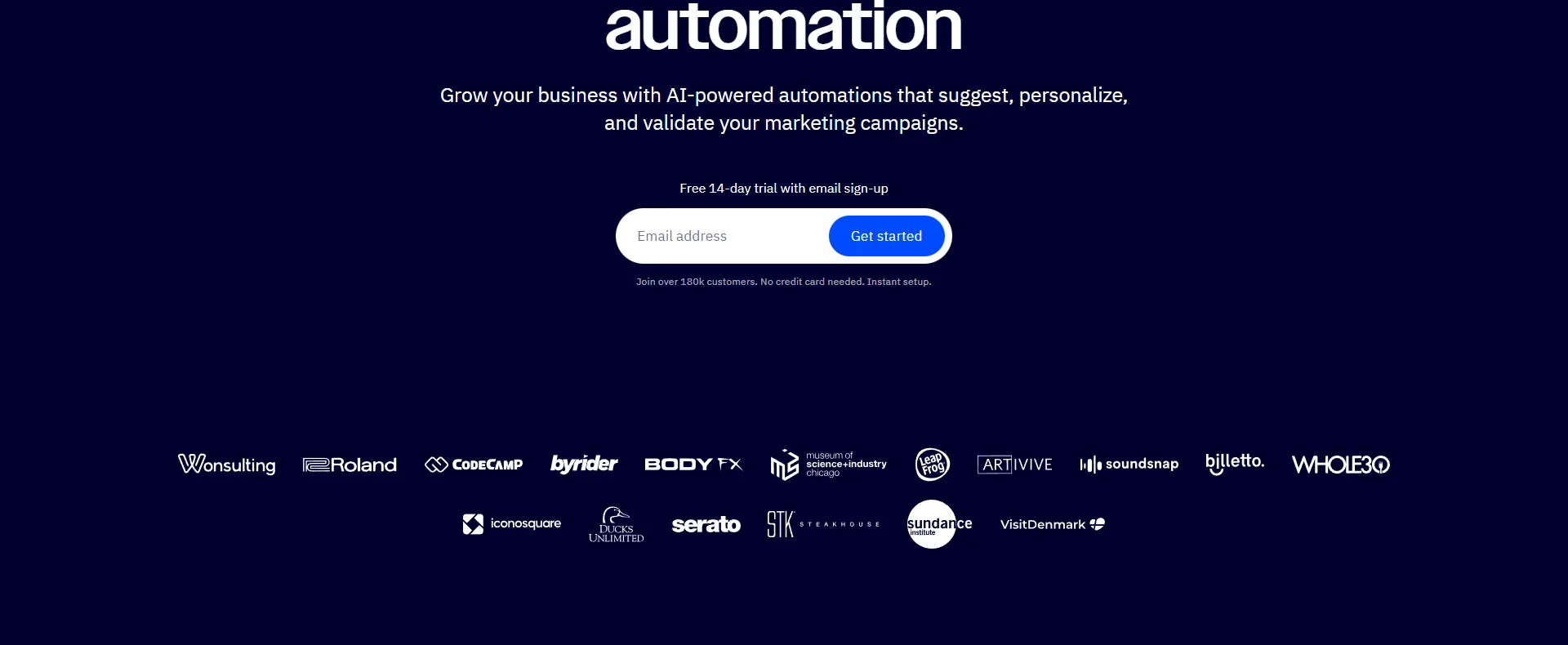 ActiveCampaign marketing automation platform homepage showing automation-first approach