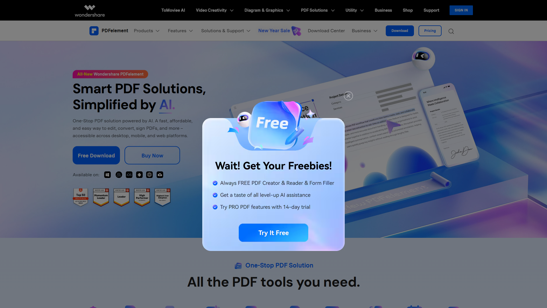 Wondershare PDFelement interface showing AI assistant and document editing features