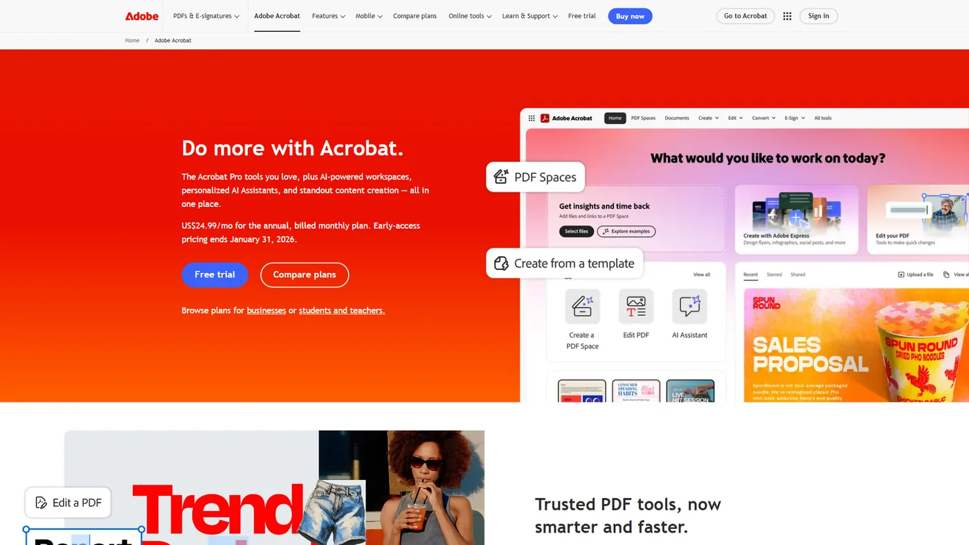 Adobe Acrobat sales page with PDF Spaces, AI Assistant, and template options