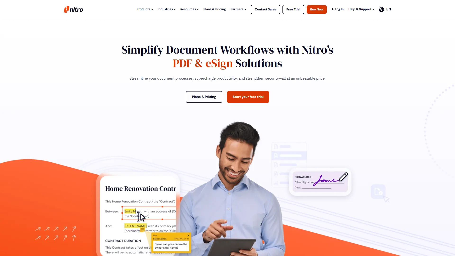 Nitro homepage showcasing PDF and eSign solutions with document workflow preview