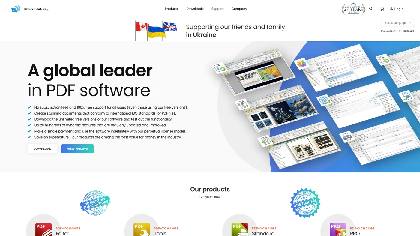 PDF-XChange corporate homepage promoting global leadership in PDF software