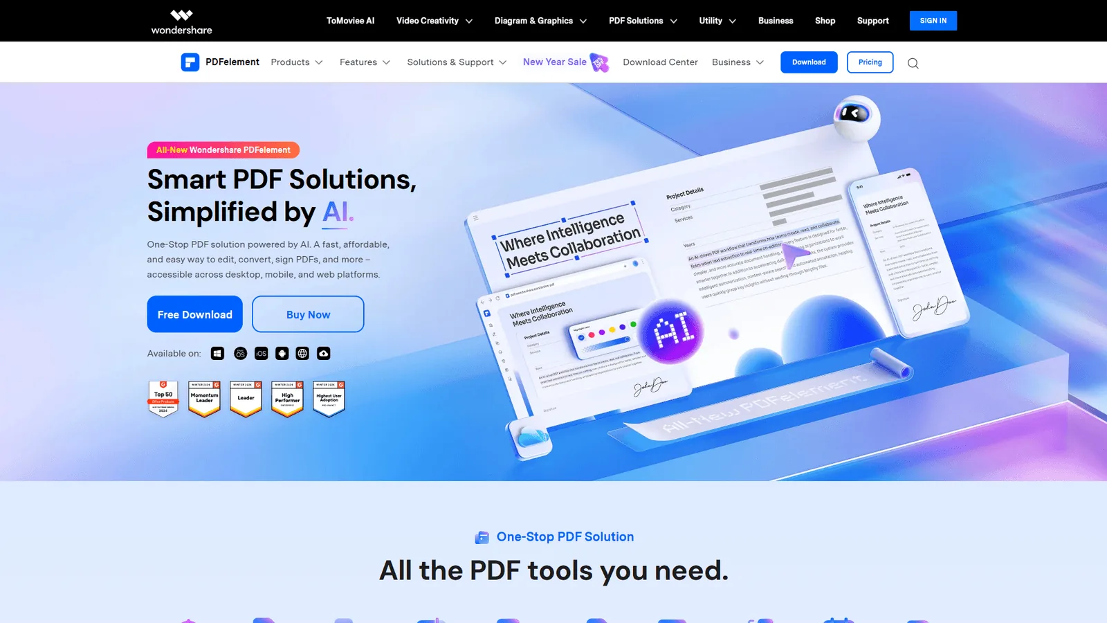 Wondershare PDFelement homepage promoting AI-powered smart PDF solutions