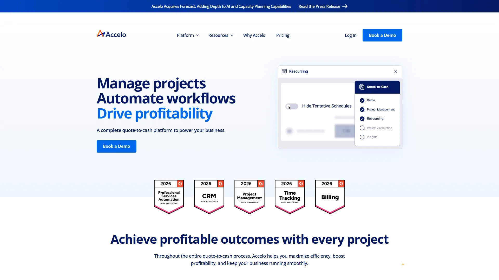Accelo unified platform showing client management and project tracking