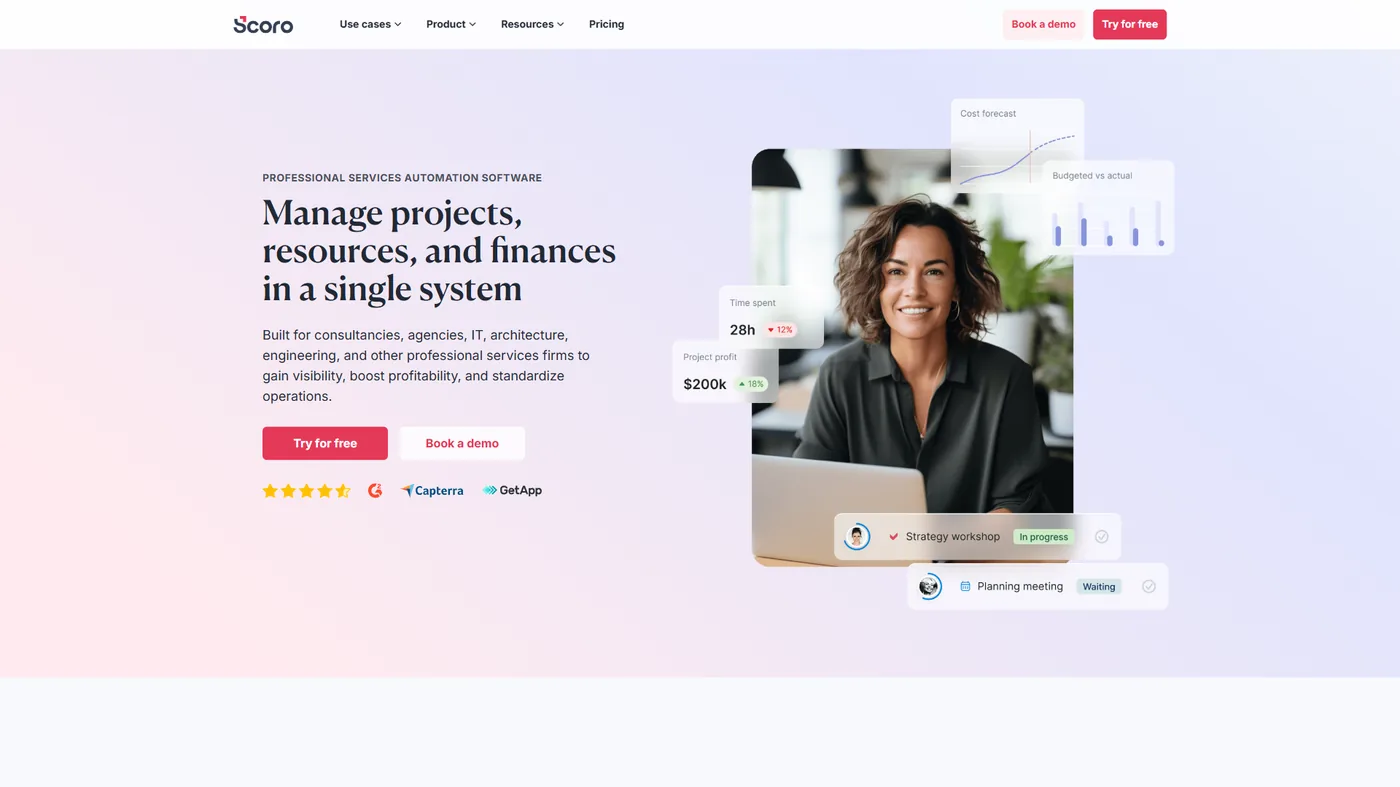 Scoro work management dashboard with CRM and project tracking