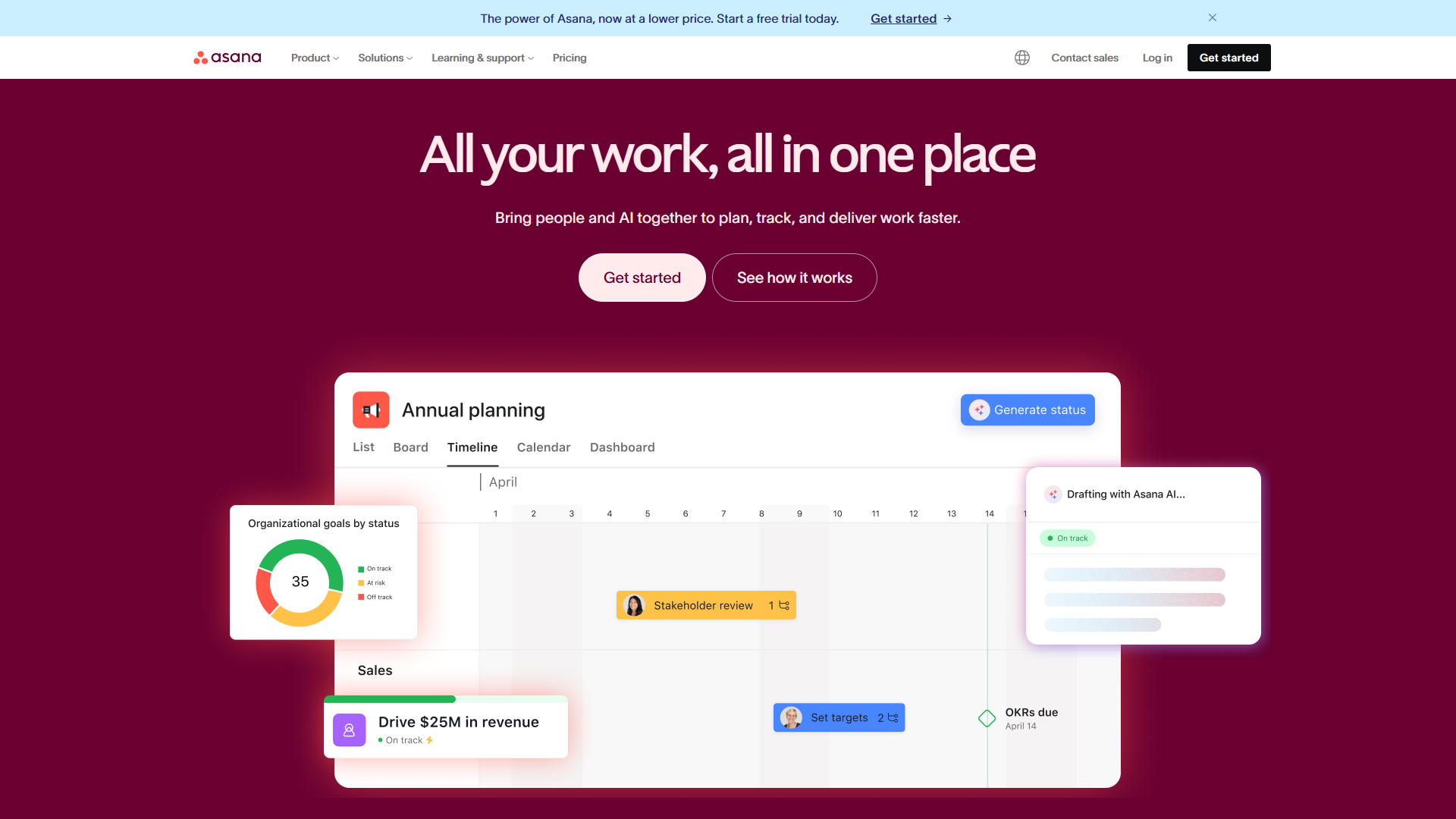 Asana project management interface showing timeline view and AI Studio